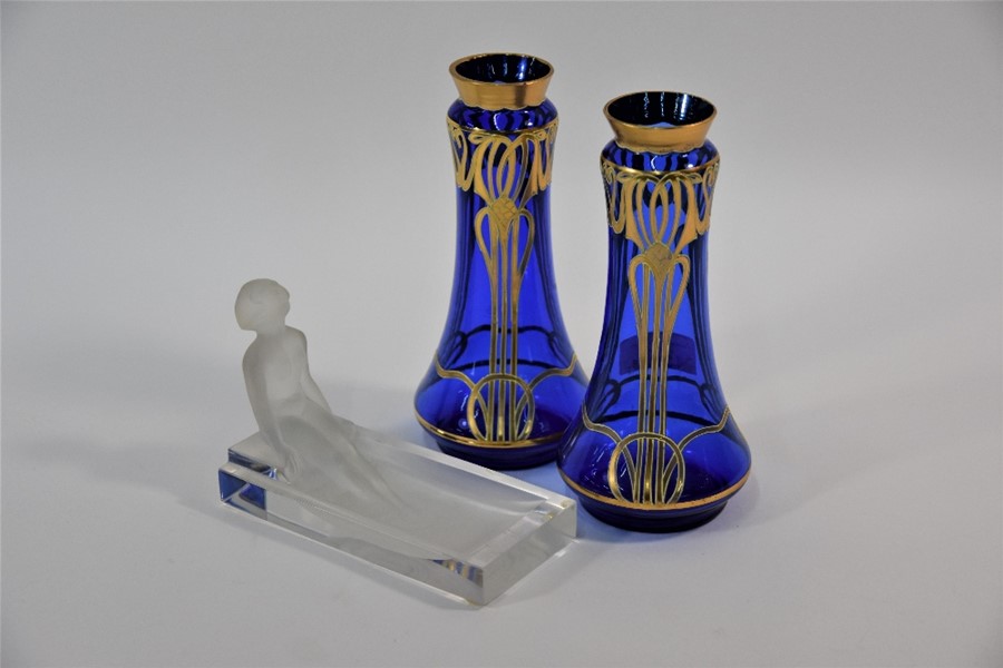 A pair of Art Nouveau blue glass vases and Art Deco trinket tray