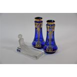 A pair of Art Nouveau blue glass vases and Art Deco trinket tray