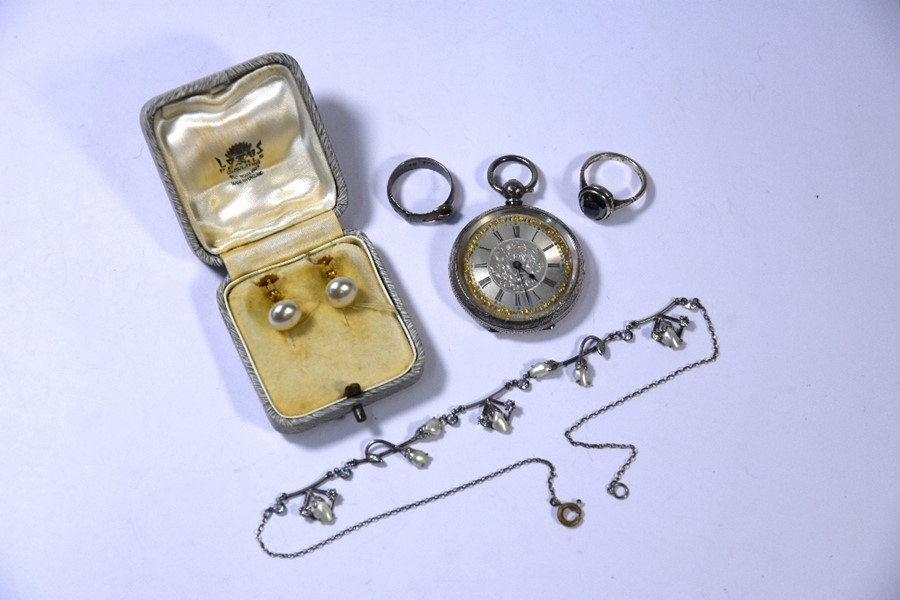 A Victorian silver pocket watch, Arts & Crafts necklace and other items
