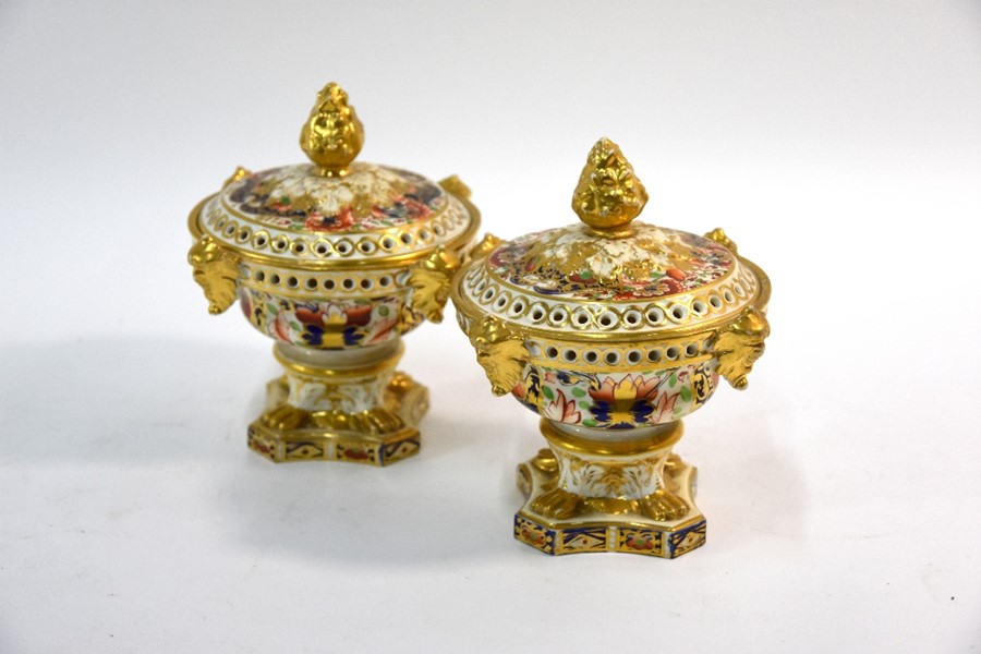 Two Bloor Derby Imari pot pourri vases and covers