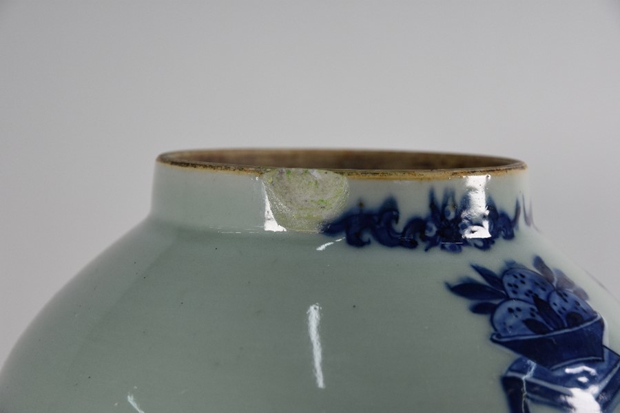 A Chinese blue and white celadon ground 'Hundred Antiques' pattern jar and cover - Image 3 of 6