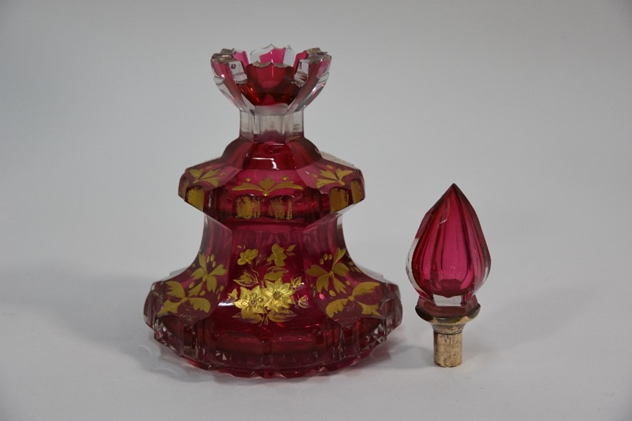 A 19th century Bohemian cranberry flash eau de Cologne bottle on stand - Image 4 of 5