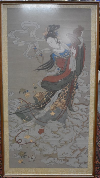A Chinese coloured woodblock print, 95 cm x 48 cm