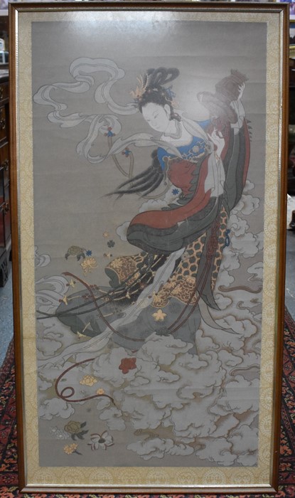 A Chinese coloured woodblock print, 95 cm x 48 cm - Image 2 of 4