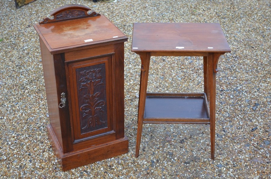 An Edwardian bedside cabinet to/w a two-tier occasional table (2)