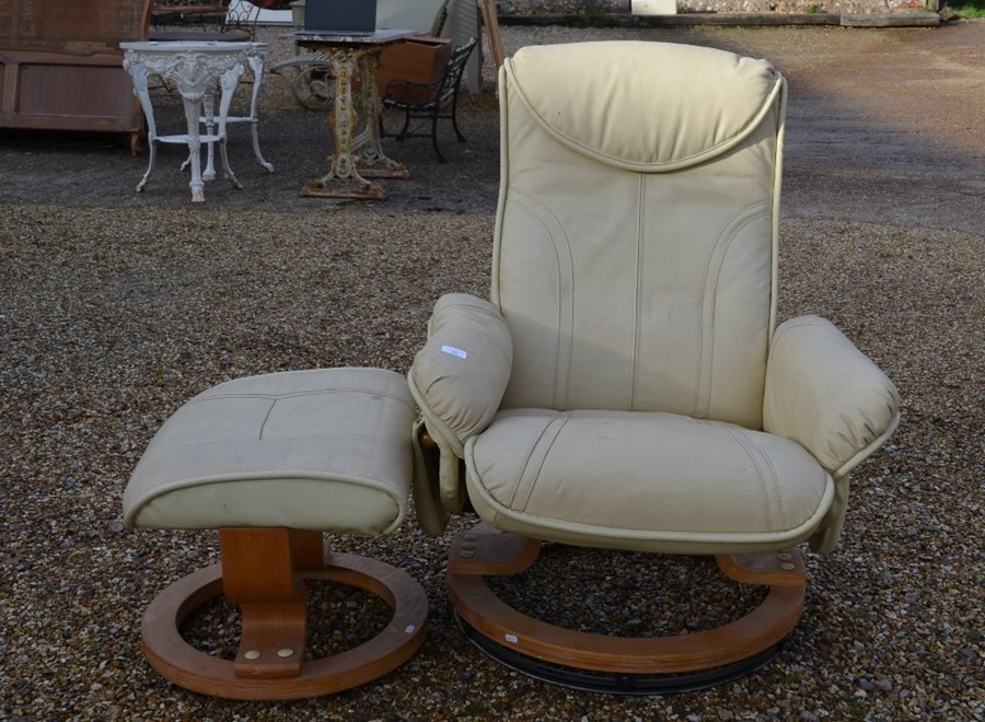 A cream leatherette Stressless style reclining armchair and stool (2) - Image 2 of 2