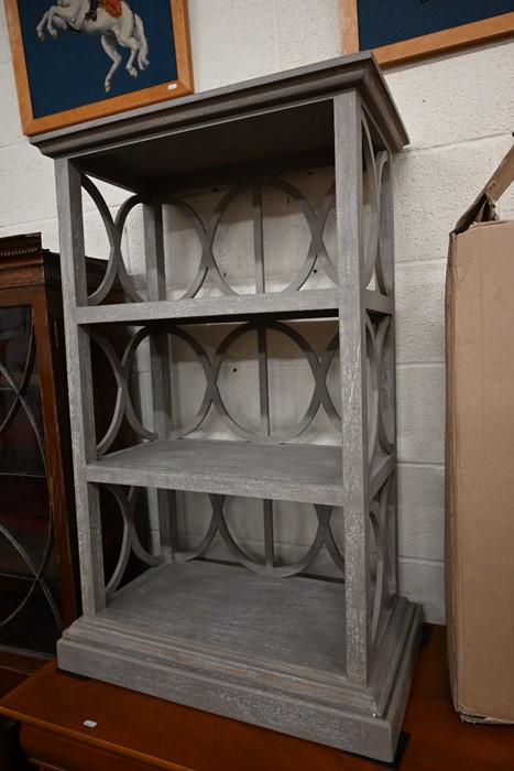 A grey painted Oka open bookcase