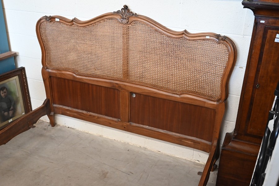 A French Louis XV style carved walnut and cane work panelled double bed frame - Image 3 of 3