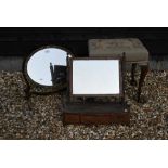 Mahogany stool, Japanned dressing table mirror and a toilet mirror