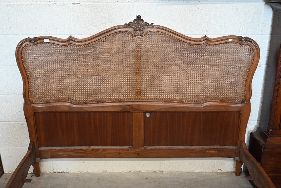 A French Louis XV style carved walnut and cane work panelled double bed frame - Image 2 of 3