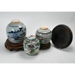 Two 19th century Chinese provincial ginger jars, famille verte ginger jar and two hardwood stands (5
