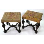 A pair of antique William & Mary style overstuffed stools