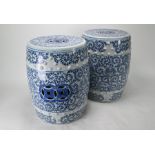 A pair of modern Chinese blue and white barrel form garden seats,44 cm high