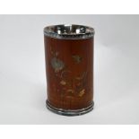 A Japanese Meiji period (1868-1912) bamboo brush pot with lacquered chrysanthemum decoration