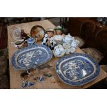 Two Victorian Willow pattern meat dishes and box of mixed china