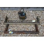 A brass rail hearth fender to/w an iron fender and a copper coal helmet