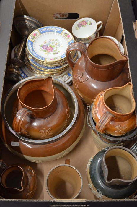 An Edwardian Royal Doulton stoneware harvest jug and beaker with silver rim etc