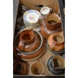 An Edwardian Royal Doulton stoneware harvest jug and beaker with silver rim etc