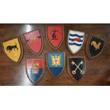 Eight oak shields and various metalware