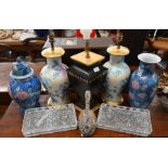 Three table lamps to/w oriental blue and white vases, four glass trinket trays and a silver hairbrus