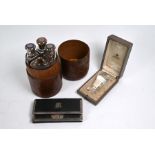 Silver-mounted purse, cased spirit flasks and Asprey glass seal