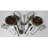 Silver brush set, flatware, toast racks, EP coasters