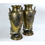 A pair of Japanese bronze and mixed metal vases, Meiji period, 50.5 cm high