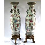 A large pair of Chinese famille rose 'Wu Shuang Pu' baluster vases, Qing dynasty, 132 cm high