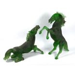 A pair of Italian green glass large rearing horses