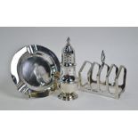 Silver toastrack, caster and ashtray