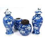 Four items of Chinese blue and white ceramics with prunus decoration