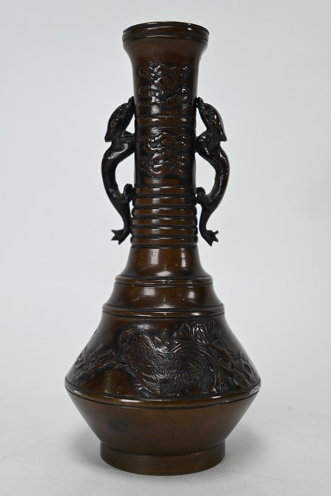 An early 20th century small Japanese bronze vase with chilong handles, Taisho/Showa period - Image 3 of 20