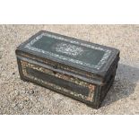 A Chinese green leather and brass clad camphorwood trunk