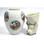 A Chinese famille rose ginger jar to/w a pale celadon ox head libation cup (2)