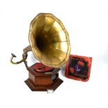 An HMV style wind-up gramophone with brass horn