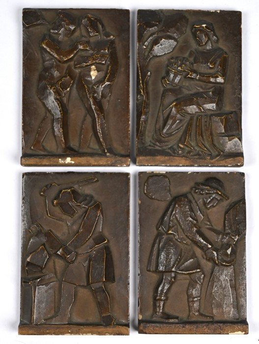 A set of four Arts & Crafts bronzed ceramic small relief tiles