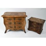 A continental miniature walnut three drawer commode to/w another in oak