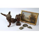 A 19th century Swiss miniature oil painting on card and other items
