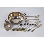 Silver porringer, napkin ring and flatware