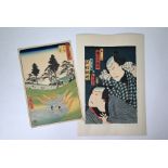 Two Japanese ukiyo-e woodblock prints, Mount Fuji and Kabuki (2)