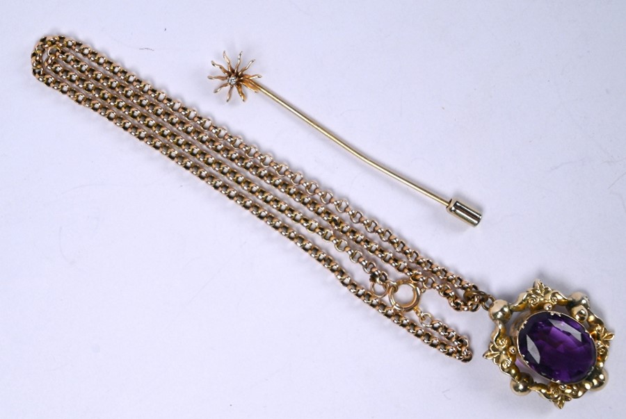 A Victorian amethyst-set pendant and diamond set stick pin - Image 2 of 4