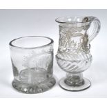 A Georgian glass coin tankard of baluster form and a cylindrical pot