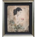A serigraph canvas of a kneeling female holding an apple
