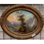 An oval reverse painting on glass landscape