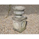 A weathered stone-cast garden urn planter on square plinth base