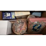 A mixed box to include vintage tins and boxed cameras etc