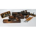 A box of old wood working box planes to/with a Stanley brand steel plane