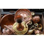 A box of mixed brass and copper wares