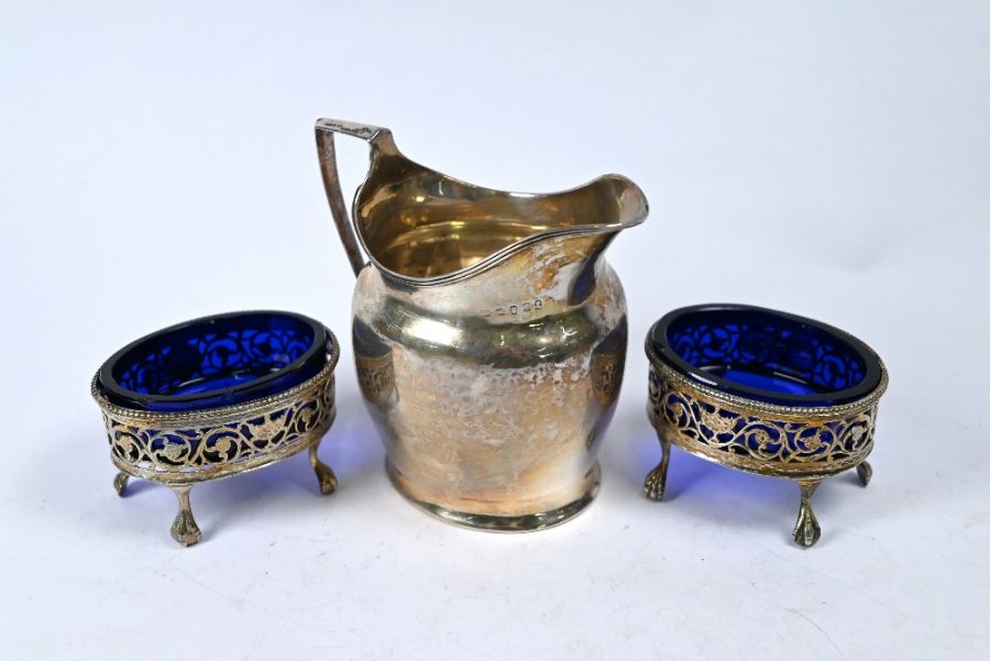 George III silver cream jug and pair of open salts