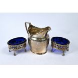 George III silver cream jug and pair of open salts